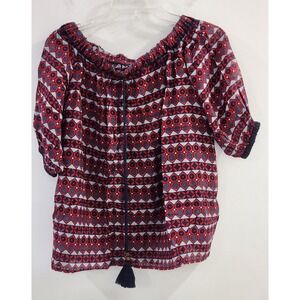Talitha Red Geometric Medallion Print Tassel Silk Blend Blouse Womens Small